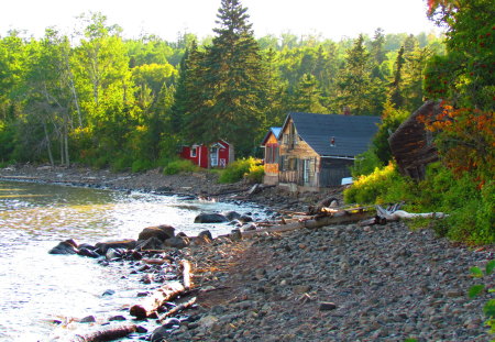 Rustic cabin on the lake - trees, nature, beach, cabin, camp, lake, forest, rocks