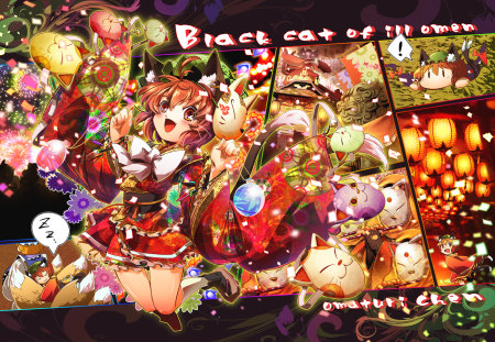 Careless and Carefree - game, anime, kitsune, fox, girl, festival, nekko, colors, cat, music, black, japan, lights, ill, fate