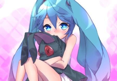 Hatsune Miku - aqua, music, anime girl, white, rabbit, cool, aqua eyes, artistic, hatsune miku, blush art, song, vocaloids, program, vocaloid, beautiful, pink, diva, nice, beauty, toy, twintail, singer, aqua hair, black, bunny, virtual, pretty, idol, anime, miku, cute, plushie, girl, cg, hatsune, red, blue, digital, awesome