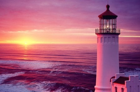 NORTH POINT LIGHTHOUSE - ocean, lighthouse, sky, clouds, sunset, waves