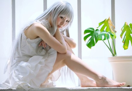 Honma Meiko by Rinami - honma meiko, anime, meiko, female, blue, rinami, window, dress, light, plant, white hair, aqua, costume, sun, sunlight, anime girl, hot, ano hi mita hana no namae o bokutachi wa mada shiranai, cosplay, girl, thighhighs, actress, menma, cosplayer, glow, white, green, model, barefoot, aqua eyes, honma, sexy