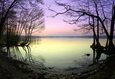 Lakeside - infinity, magic, scenery, evening, landscape, view, lake, color, place, trees, water, horizont, beautiful, sea, colors, nature, sunset, peaceful