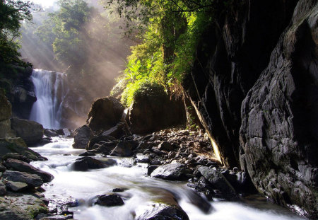 Waterfall - fields, morning, valley, sun, light, water, mountains, place, shine, waterfall, rocks, nature, forest, beautiful, scenery, stones