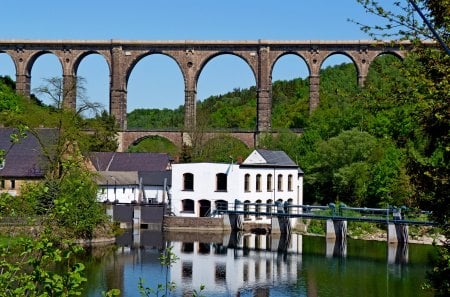 Lakeside Aqueducts - ancient, lake, hills, trees, mountain, town, reflection, aqueducts