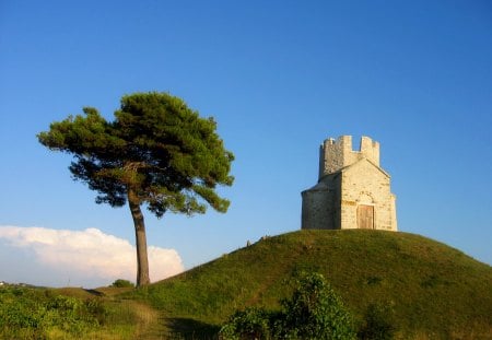 Church on a Hill - hill, sky, rolling, church, blue, green, tree