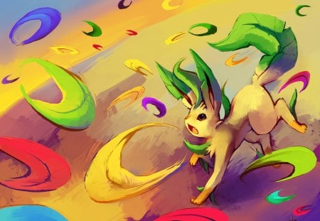 Leafeon - leafeon, magical leaf, heart, magic, colorful, leaf, multicolor, yellow, red, blue, leaves, green, used, evolution of eevee