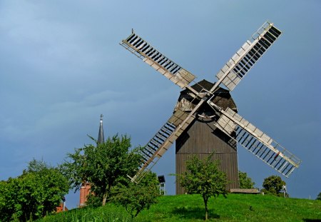 Picturesque Windmill - wood, hill, trees, vintage, green, windmill, antique