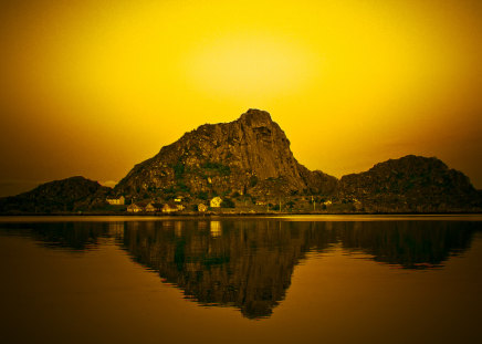 Gold reflection - water, image, beautiful, gold, golen, reflection, mountain, nature, background, houses, sky