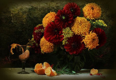 still life - pretty, chrysanthemums, photo, flowers, old, fruit, nice, vase, beautiful, photography, beauty, colors, lovely, cool, still life, orange, flower, petals, bouquet, harmony, chrysanthemum, cup