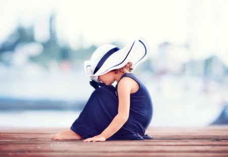 Little lady - hat, leave me alone, little girl, blue dress, girl, white hat, curly hair, adorable baby, lovely, baby, sweet, child, lady, sad, sweet girl, adorable