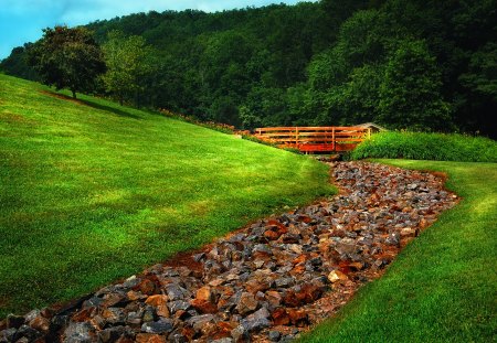 Green - forest, beautiful, leaves, bridge, grass, view, tree, nature, pretty, landscape, beauty, hills, stones, peaceful, sky, houses, clouds, lovely, splendor, woods, house, trees, green