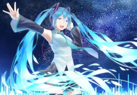 Hatsune Miku - aqua, hot, headset, music, thighhighs, anime girl, white, art, cool, petals, aqua eyes, artistic, hatsune miku, sexy, skirt, leggings, light, song, space, vocaloids, program, glow, vocaloid, beautiful, uniform, diva, beauty, nice, sky, twintail, singer, aqua hair, black, virtual, pretty, clouds, idol, anime, miku, cute, stars, girl, cg, hatsune, microphone, blue, headphones, tie, awesome, flowers, digital, gray, outfit