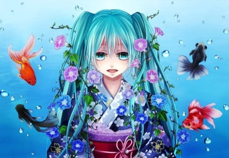 Hatsune Miku - pretty, artistic, goldfish, pink, light, flowers, stunning, nice, sunlight, program, beauty, gold, kimono, virtual, cg, white, bubbles, cute, aqua eyes, culture, song, vocaloid, anime, blue, amazing, hatsune miku, music, aqua, red, art, sun, idol, anime girl, water, beautiful, sea, singer, girl, cool, orange, tradtional, ocean, black, glow, miku, awesome, diva, underwater, digital, aqua hair, hatsune, vocaloids, fish