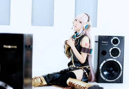 Megurine Luka by Ibara - outfit, model, vocaloids, leggings, microphone, megurine, gold, uniform, megurine luka, cool, pink, headphones, awesome, vocaloid, thighhighs, yellow, cosplayer, anime, black, cute, beautiful, actress, hot, bass, white, pink hair, costume, luka, ibara, boots, aqua eyes, pretty, aqua, beauty, window, room, nice, cosplay, sexy, headset