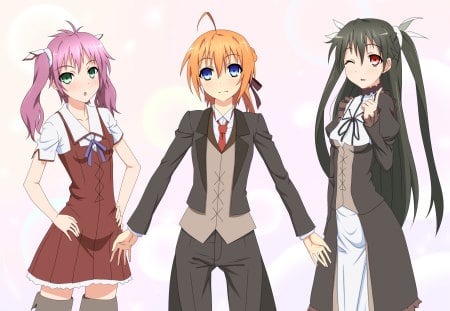 Mayo Chiki! Girls - usami masamune, anime girl, black hair, blonde hair, cool, konoe subaru, blue eyes, 3 girls, beautiful, blush, uniform, maid, dress, nice, beauty, twintail, s, red eyes, pretty, anime, wink, cute, tail, girl, pink hair, cg, green eyes, digital, awesome, suzutsuki kanade, mayo chiki, outfit, butler