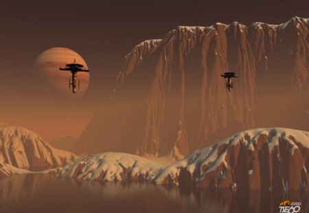 red planet - water, planet, floating colonies, snow, mountains, red mist