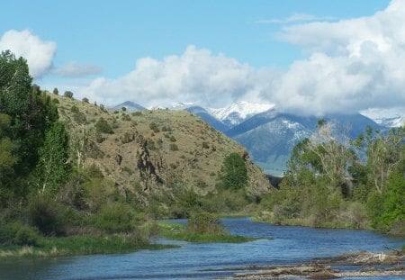 Gallatin River Gateway - cliff, mountains, water, river, rocky, blue sky, trees