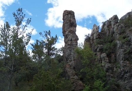 Chimney Rock - clouds, rocky, chimney, blue sky, trees