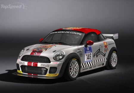 mini cooper race car - red, silver, silver alloys, race modified, front engine, sponsorship, two seater