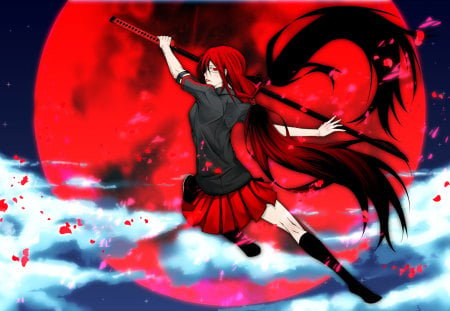 Kisaragi Saya - kisaragi saya, skirt, red moon, night, long hair, blood, clouds, anime, sword