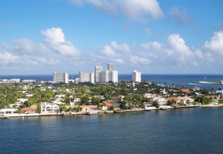 Miami Harbour & beaches  - beaches, sky, ocean, harbour, photography, buildings, white, blue, clouds, green, miami