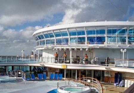 Cruise Ships upper deck  - swimming pool, sky, photography, band, cruise ships, white, hot tub, clouds, blue