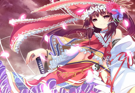 Hakurei Reimu - sky, female, hot, anime girl, touhou, cherry blossom, cool, katana, ribbon, sword, cute, sexy, rose hair, hair bow, hakurei reimu, twin tails, sweet, smile, blush, happy, dress