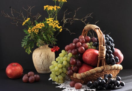 Flowers and fruits - flowers, vase, grape, fruits, still life