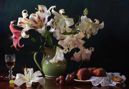 Still life - flower, lily, flowers, vase, fruits, still life