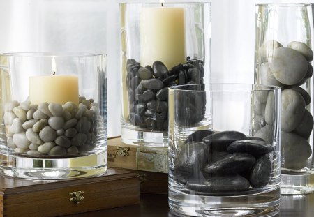 Peaceful morning - window, fashion, entertainment, light, vases, wonderful, black, white, bright, arrangement, candles, round, centerpiece, peaceful, rocks