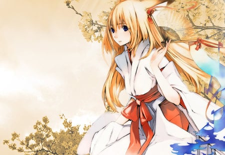 Wagaya no Oinari-sama - kitsune, anime, fox, girl, fan, kimono, long hair