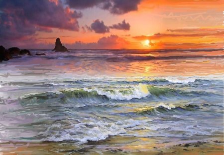 lovely sunset painting - sands, beach, sun, sunset, golden, waves