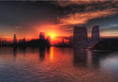 Sunset and Stones - clouds, ray, scencery, reflection, stones, sunset, nature, view, red, lake, sun, sky, rocks