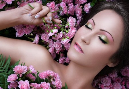 Beauty in tenderness of flowers - beauty, love, body, make up, thinking of you, magic, tenderness, beautiful lady, wonderful feeling, lovely face, pink, flowers, dreaming, fantastic