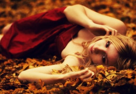 Autumn Dreams - beautiful, red dress, girl, beauty, leaves, nature, autumn, red, woman, blond