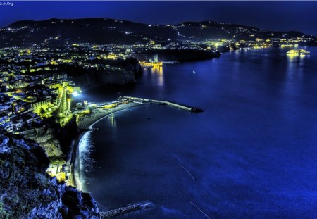 City at Night - lights, buildings, water, blue