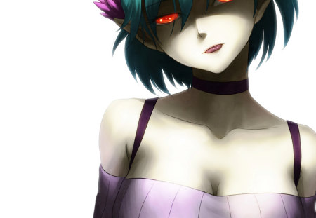 C control - white, headbnad, red eyes, short hair, green hair, dress