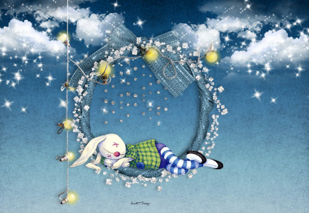 Starlight Bunny - sky, stars, clouds, blue, dream, bunny