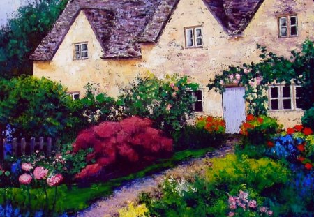 Cottage - Cotswold,  England - cottage, england, trees, art, beautiful, cotswold, house, flowers, shrubs, garden, colourful