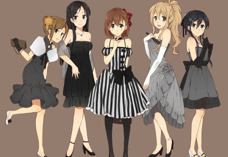 K-on - nakano azusa, blue eyes, long hair, black hair, brown hair, kotobuki tsumugi, blonde hair, brown  eyes, flowers, tainaka ritsu, short hair, black eyes, dress, akiyama mio, hirasawa yui