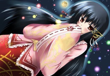 Houraisan Kaguya - anime, houraisan kaguya, girl, kimono, night, light, glow, ribbon, bow