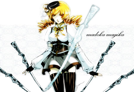 mahou shoujo madoka magica - short hair, yelow hair, dress, blush, yelow eyes, weapon