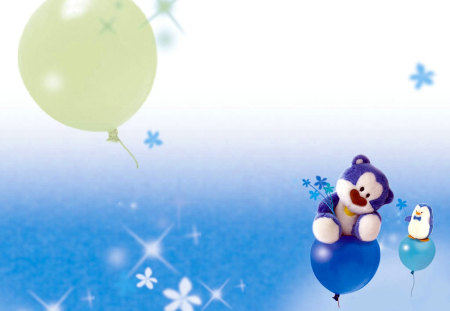 teddy flying on ballon - pingu, flying, teddy, blue, ballon