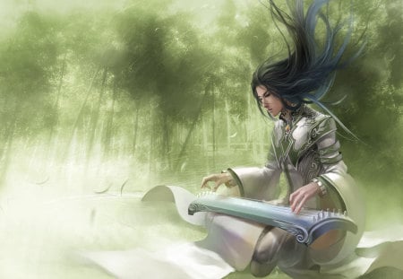 Playing on a Koto - koto, fantasy, anime, long zither, long black hair