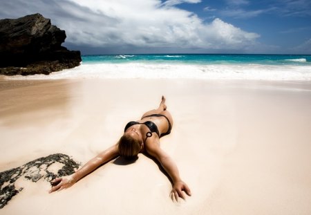 girl on the beach - clouds, people, beach, girl, ocean, sexy, sky