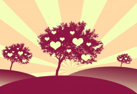 Love Trees - love, hearts, trees, valentines, hills, valentines day, sunrays