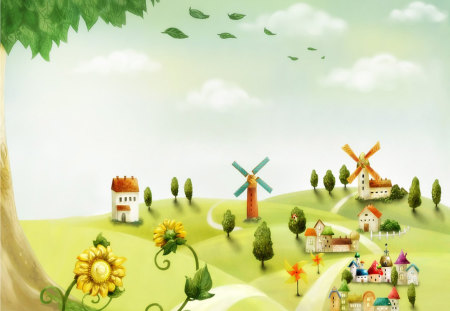 Windspire Village - village, pinwheels, houses, sunflowers, hills, trees, windmills