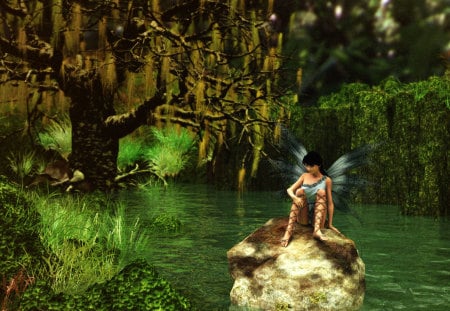 Swamp Dweller - river, tree, rock, fairy, swamp, faerie