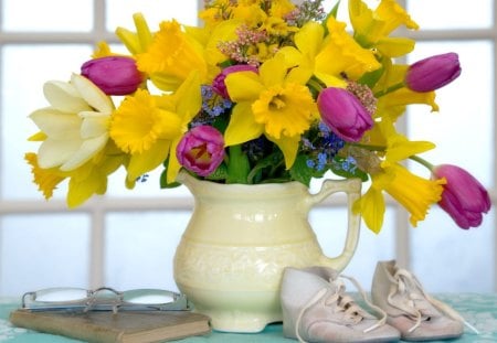 flowers - flowers, window, yellow, color, shoes