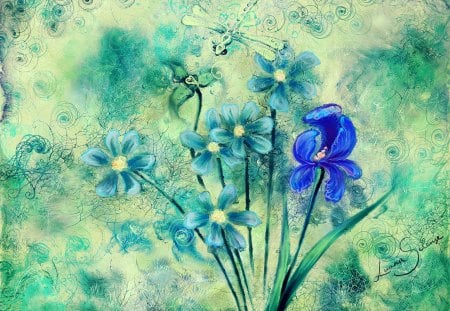 blue flowers - painting, art, flowers, blue